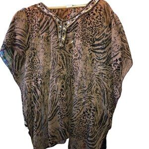 Animal Print Sheer Embellished Poncho Top By Asha